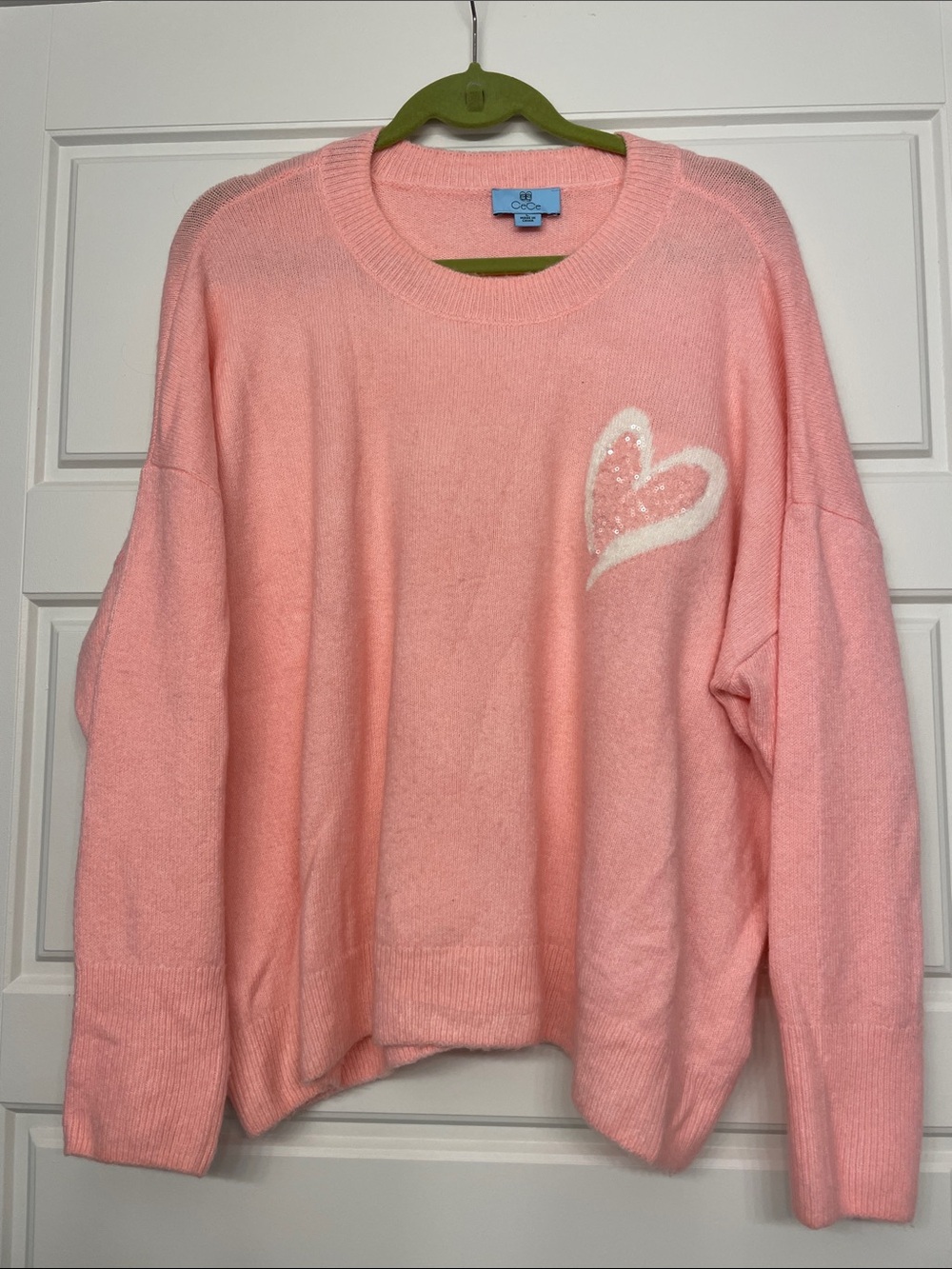 CeCe Pink Crewneck Sweater with White Heart Accent